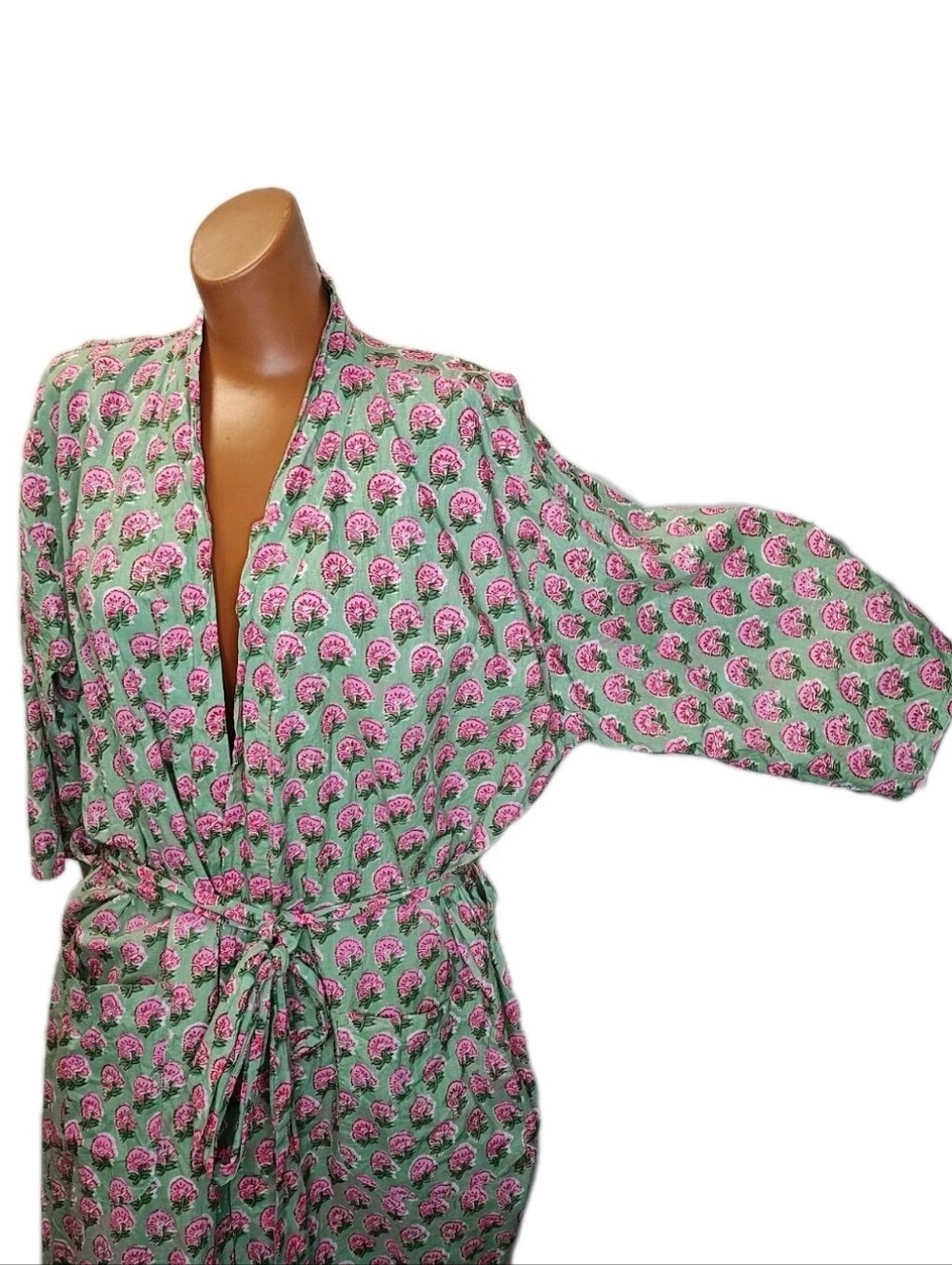 Dolma Cottagecore Ditsy Floral Kimono Robe Green Pink Floral Belted Pockets O/S